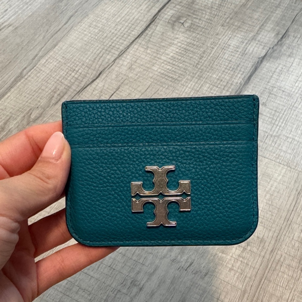 Tory Burch Teal Leather Card Holder with Silver Logo